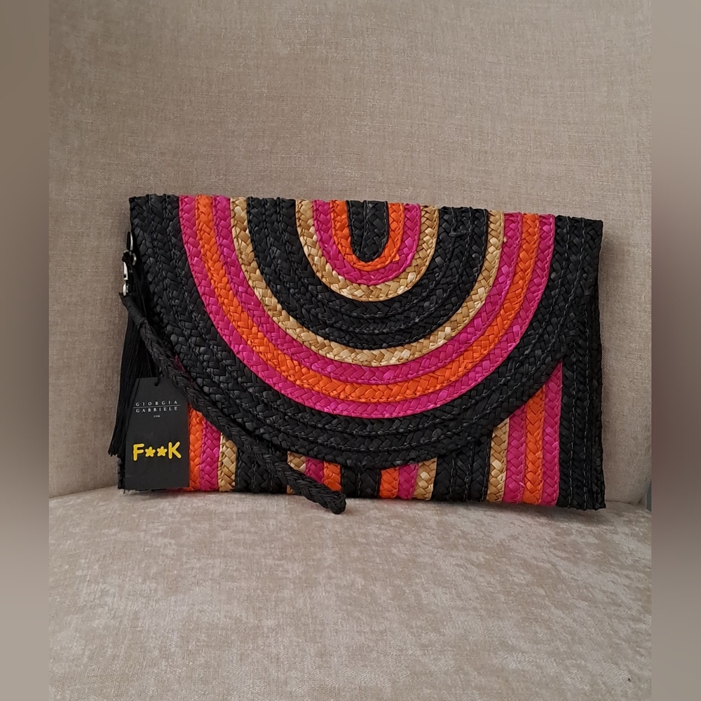 New with tag, handbag, straw bag, summer bag, black, fuchsia, orange, F**K